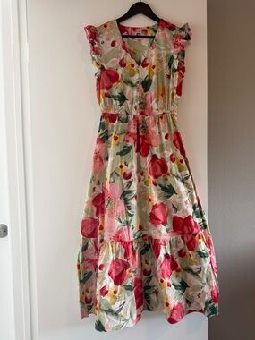 Anne Klein Cream Maxi Dress with Red and Pink Floral Print